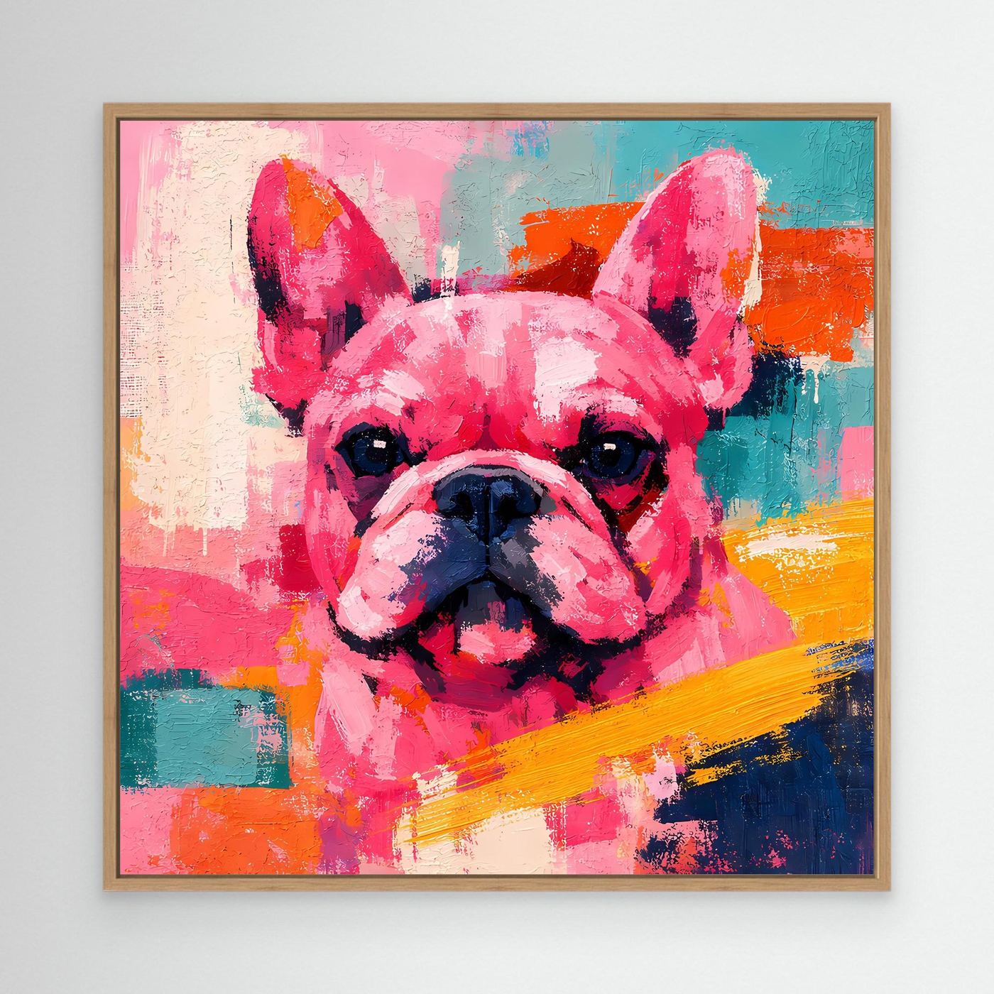 Farbenfrohes Leinwand-Wandbild mit Porträt einer Französischen Bulldogge im Eichenrahmen