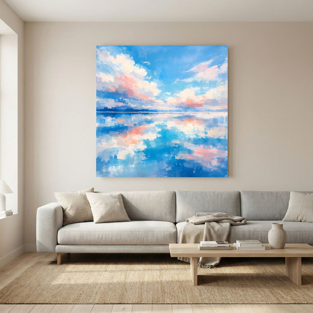 Abstraktes Wandbild auf Keilrahmen: Küstenhorizont, Wolken und blaues Spiegelbild