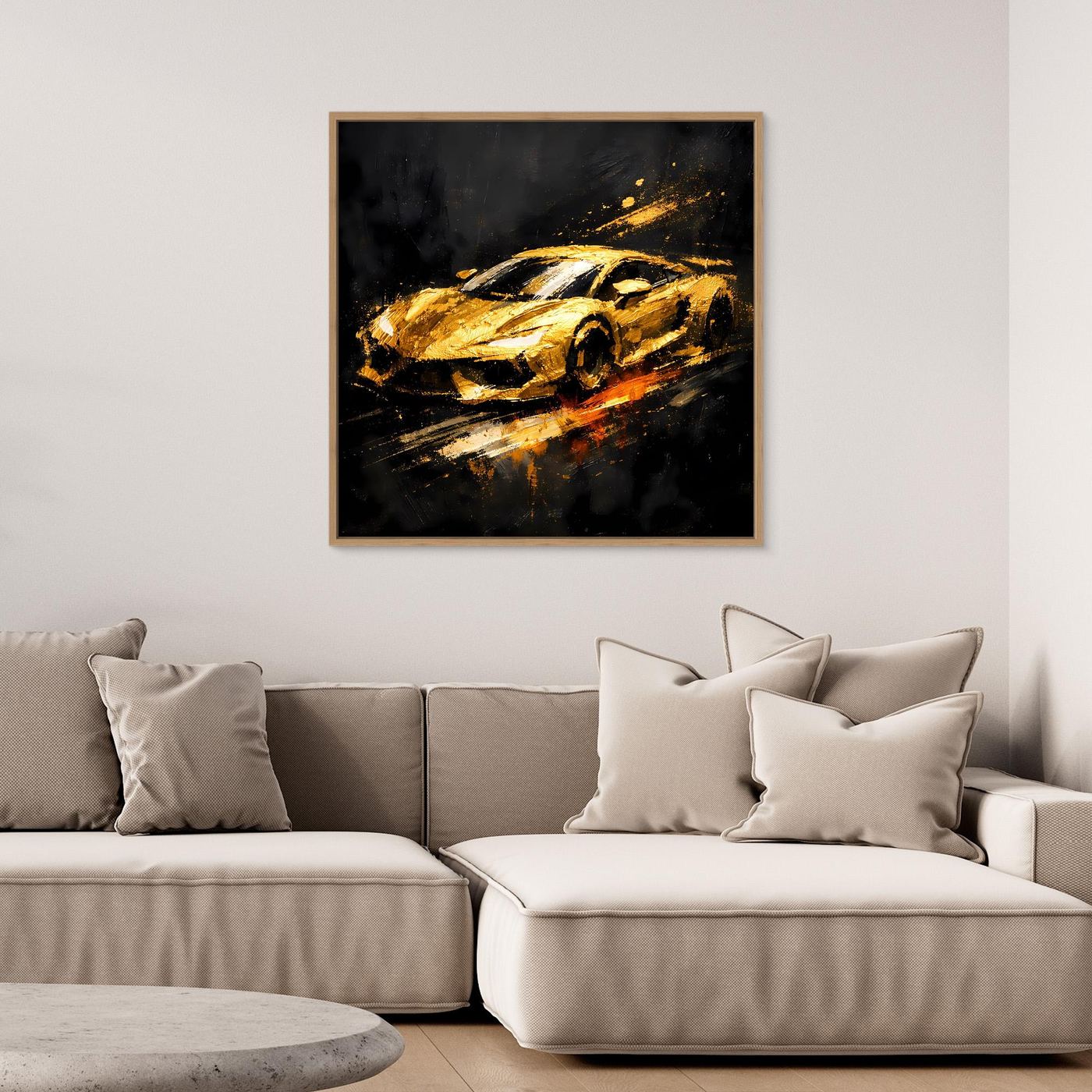 Leinwand Goldener Sportwagen Abstrakt | Modernes Rennwagen Wandbild Schwarz Gold