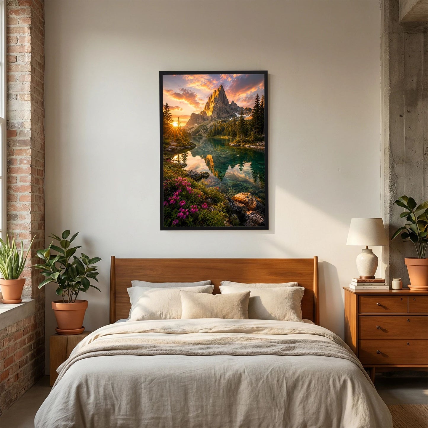 Poster im Hochformat mit Bergsee bei Sonnenuntergang im schwarzen Rahmen, spiegelndes Wasser