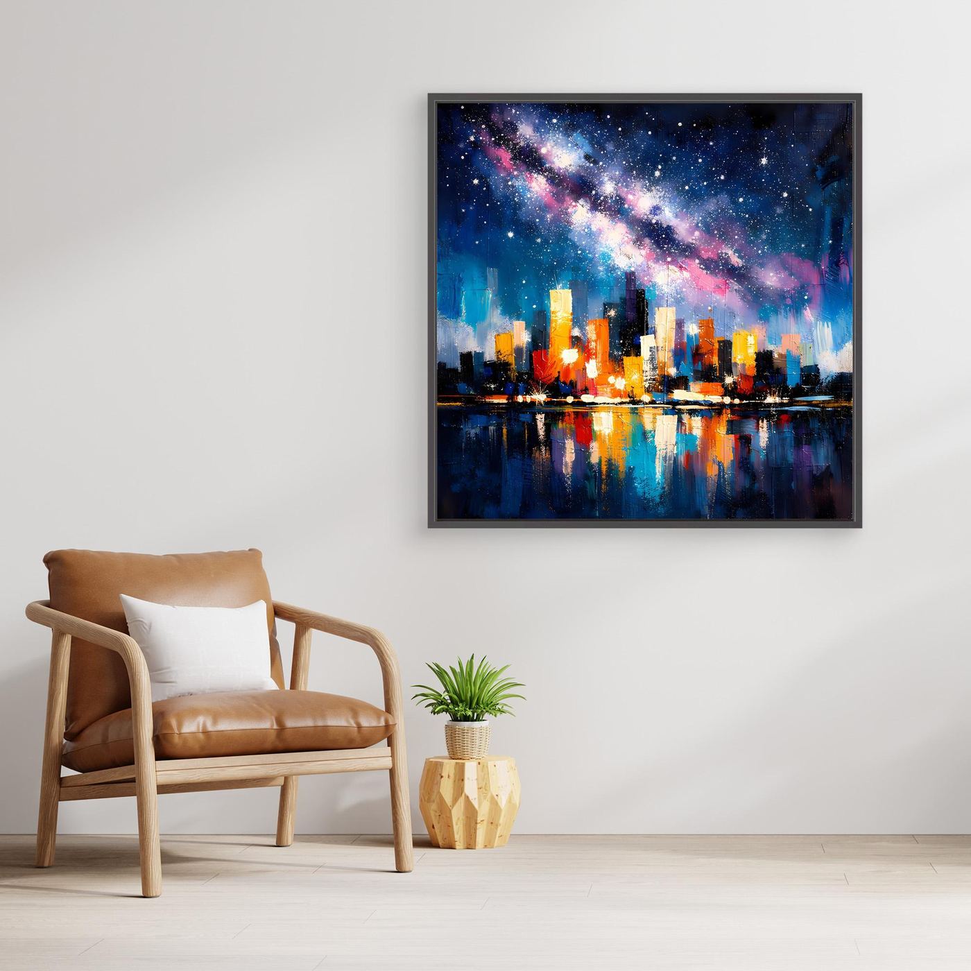 Black-framed galaxy city skyline canvas with starry Milky Way band and glowing waterfront