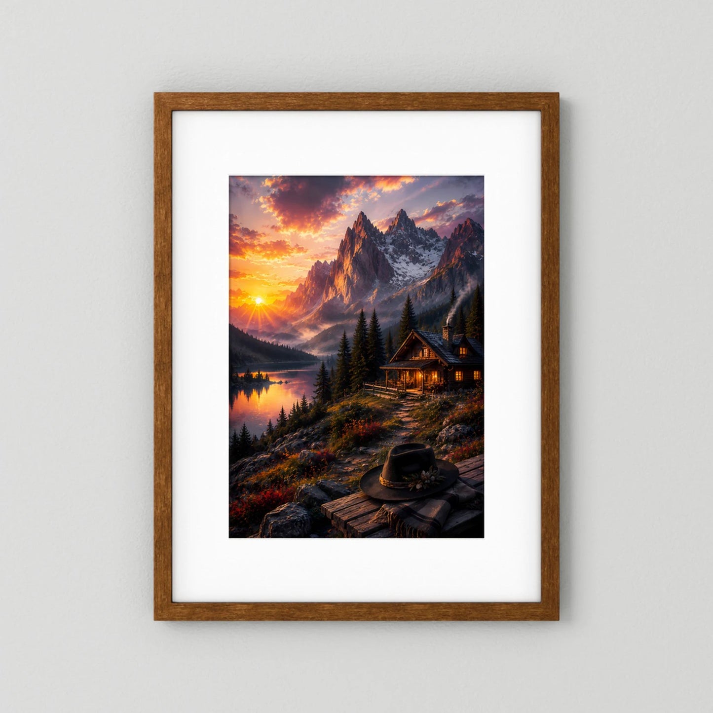 Poster mit Alpenlandschaft bei Sonnenuntergang, Berge, See und Hütte im braunen Rahmen