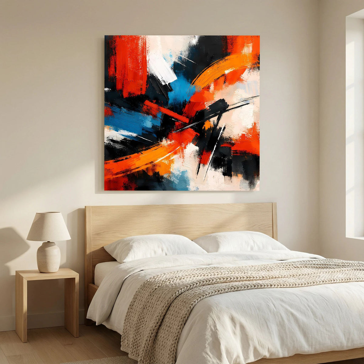Abstraktes Leinwandbild mit Kreuz- und Schrägstrichen in Rot, Orange und Blau auf schwarzem Holzkeilrahmen