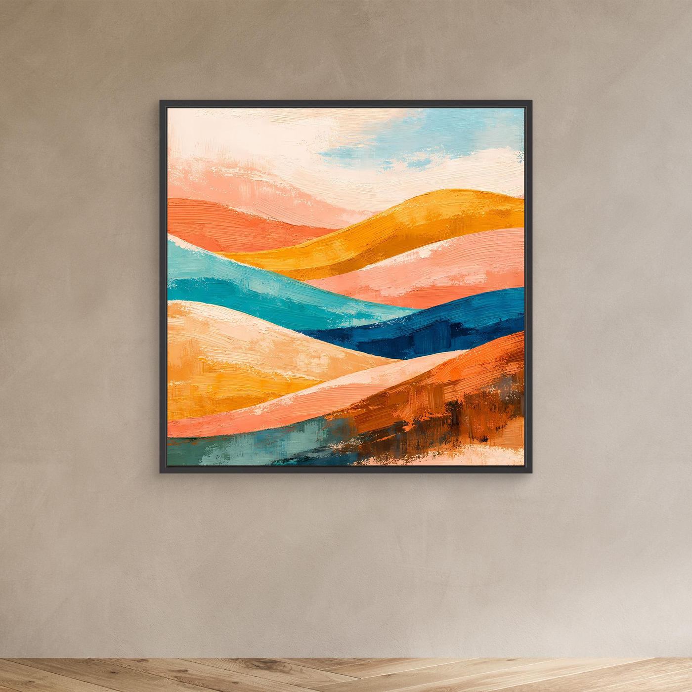 Abstract canvas wall art of soft wave hills in orange, teal, and blue, dark frame