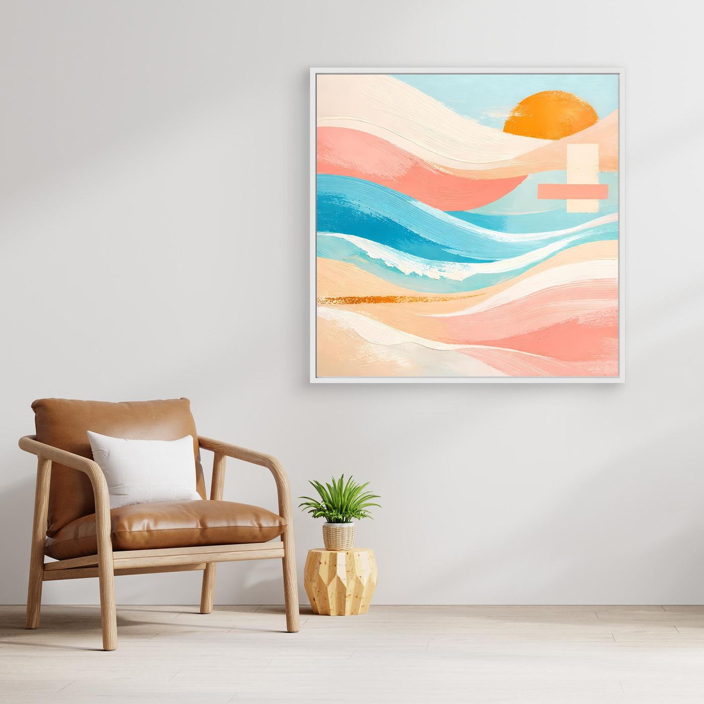 Quadratisches Leinwandbild mit Pastell-Meeroptik und orangefarbener Sonne, abstrakt, weißer Rahmen
