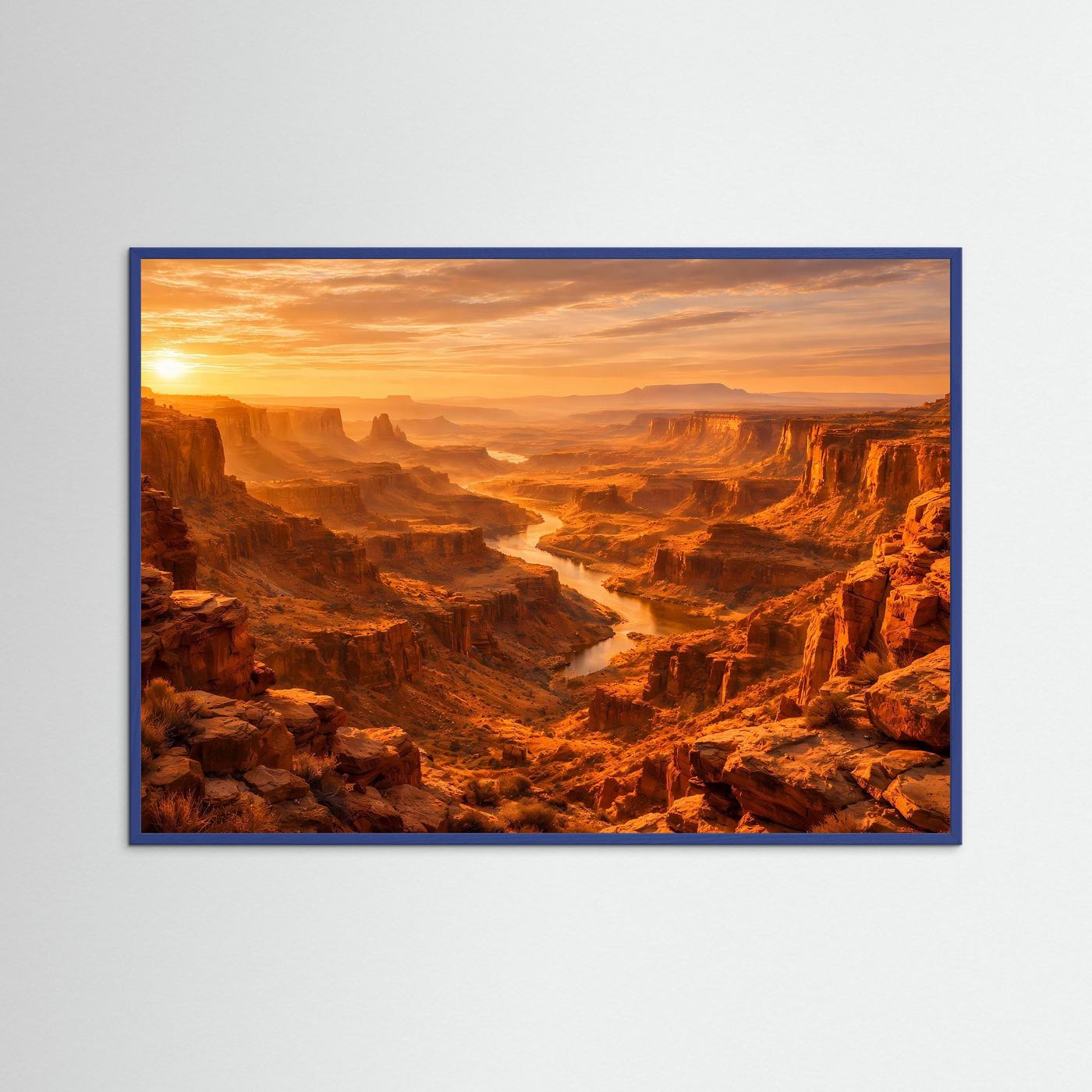 Naturposter Querformat mit Canyonlandschaft bei Sonnenuntergang, blauer Rahmen