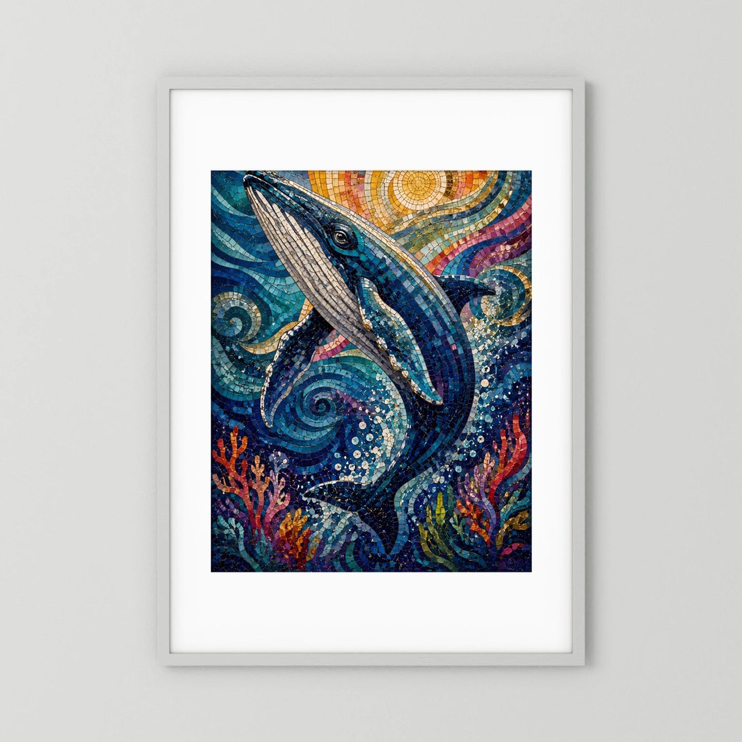 Poster im weißen Rahmen mit Delfin-Mosaik, Sonne und bunten Wellen