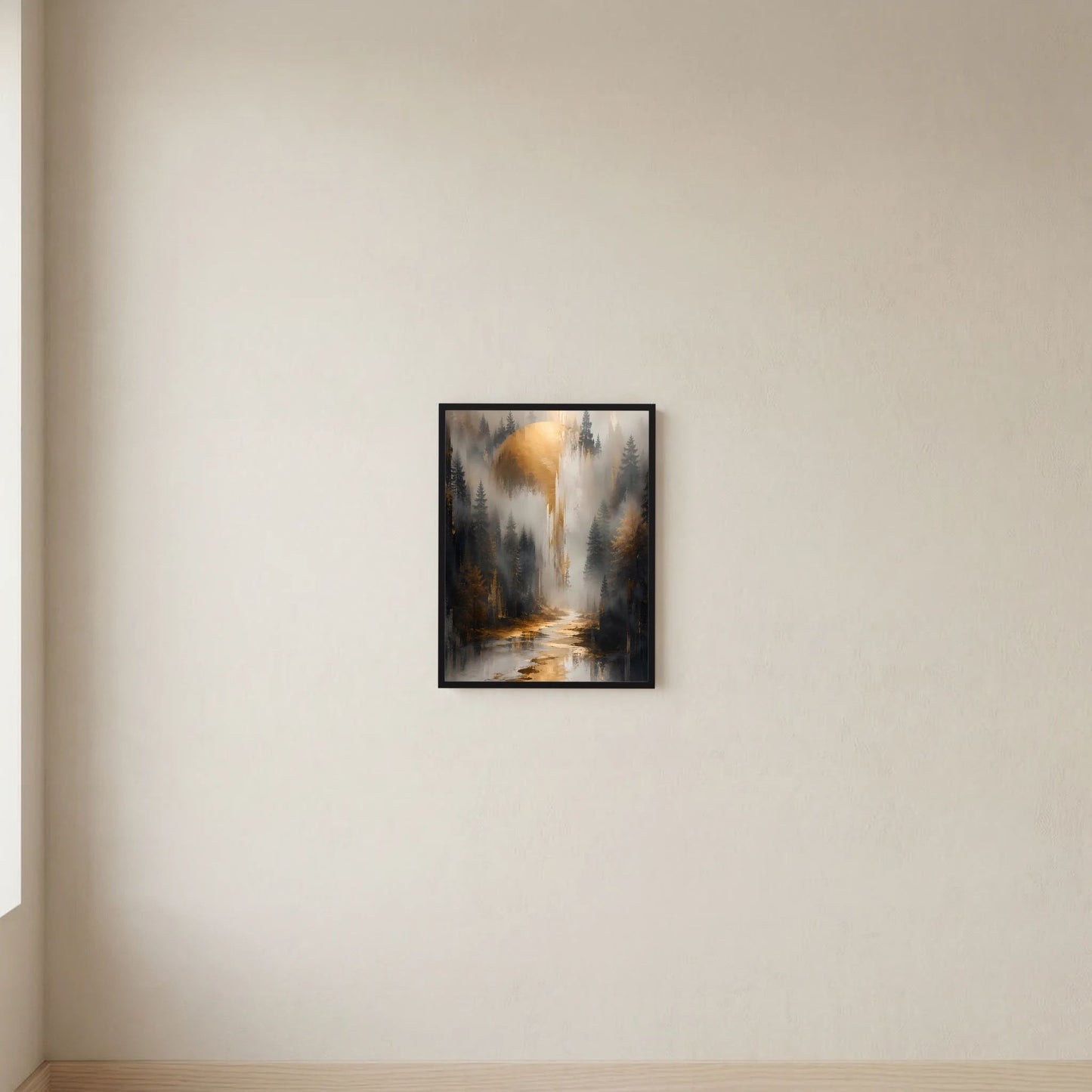 Poster im Hochformat, schwarzer Rahmen: nebliger Wald und Fluss im warmen Licht.