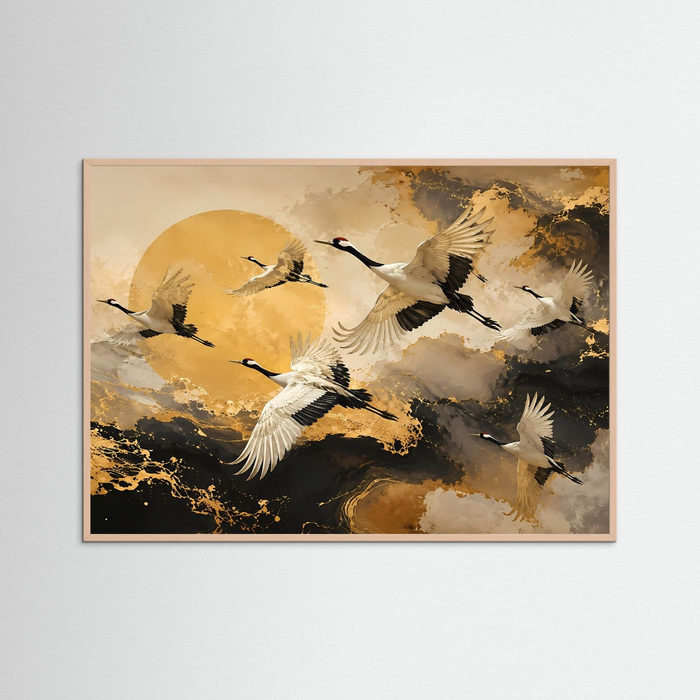 Anmutige Kraniche im goldenen Morgenlicht | Asiatische Natur & Abstrakte Kunst Poster Querformat