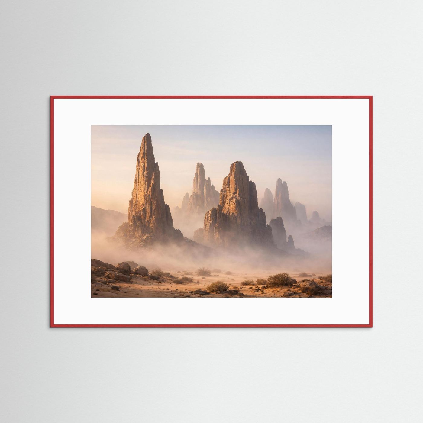 Poster mit Wüstenfelsformationen im Nebel, weißer Rahmen