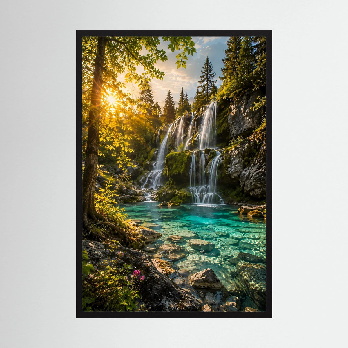 Wasserfall-Poster mit schwarzem Rahmen, türkisfarbenes Wasser und Wasserfälle im Wald
