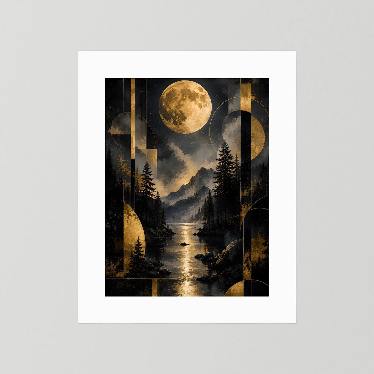 Poster im Hochformat mit goldener Vollmond-Landschaft, Bergen, Tannen und Fluss im abstrakten Look