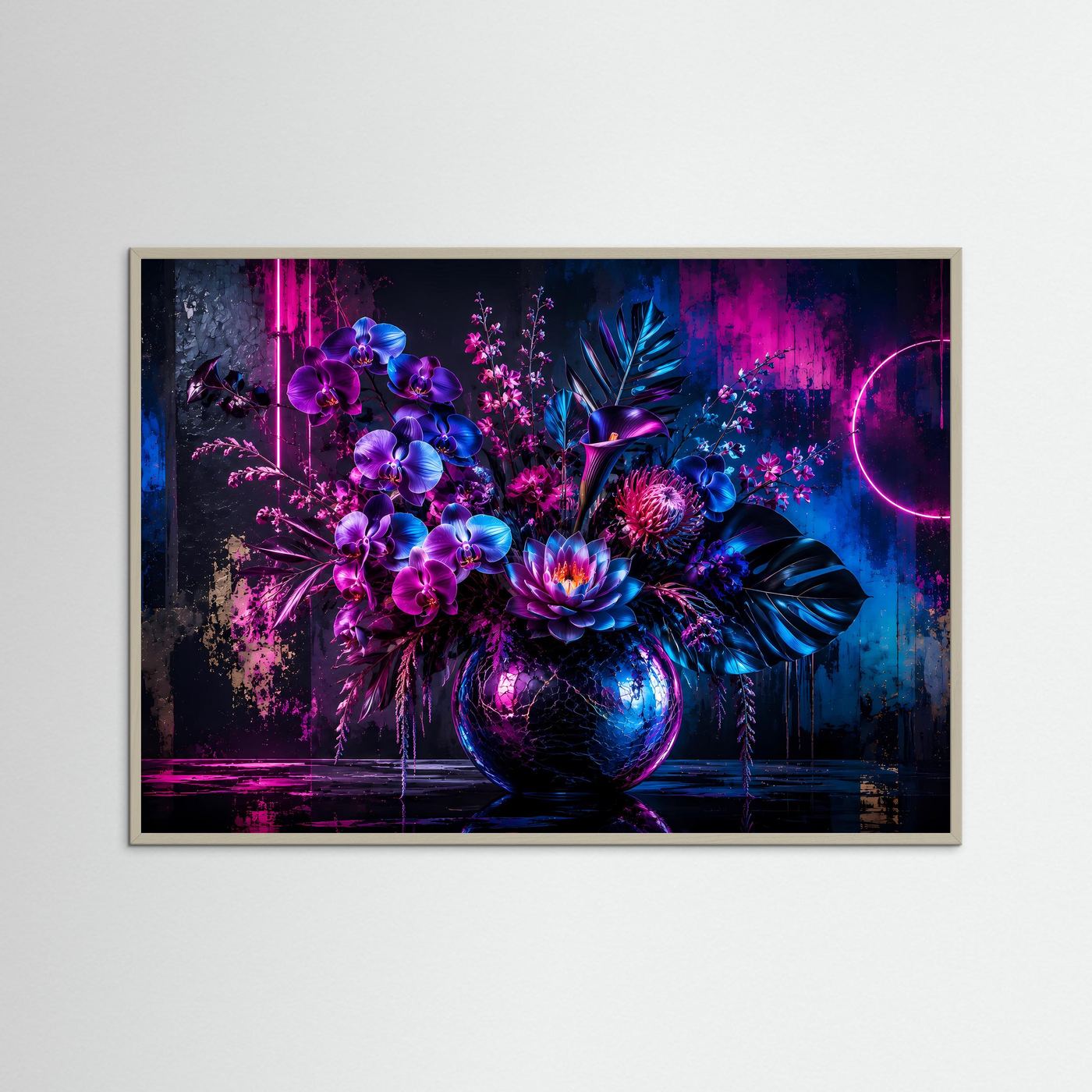 Neon Blumenstrauß Poster Querformat | Moderne Florale Wandkunst in Pink, Blau & Violett | Futuristisches Blumen Wandbild