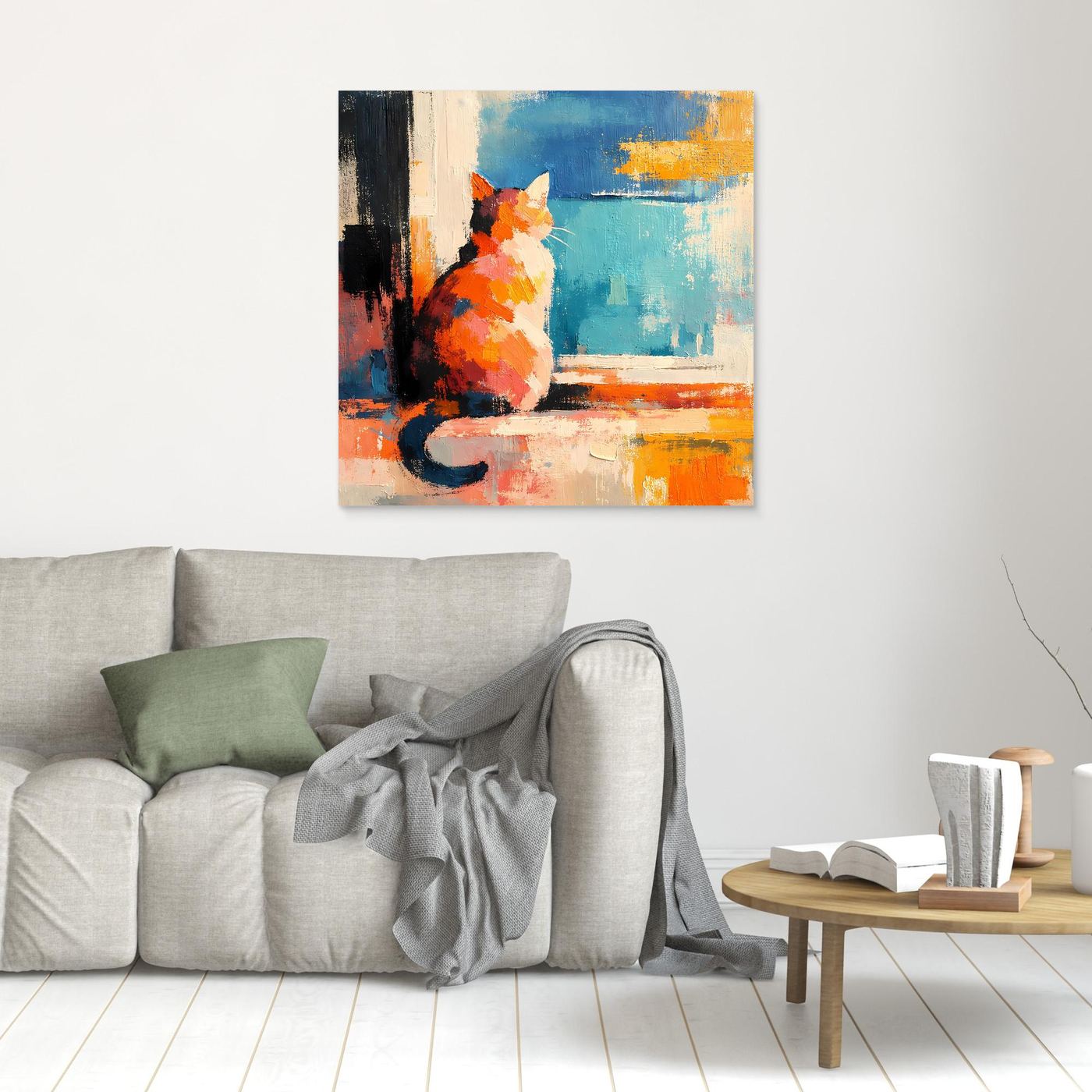 Unframed abstract cat wall art, orange and black cat sitting by window, blue background