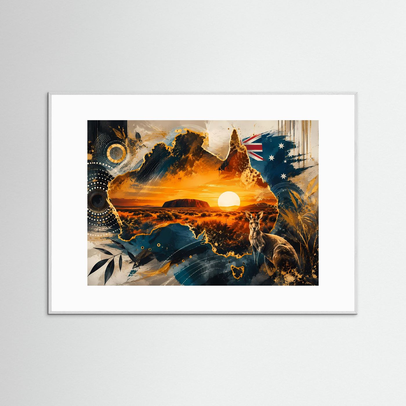 Gerahmter Kunstdruck: australische Landschaft, Sonnenuntergang, Känguru, dunkelgrauer Rahmen