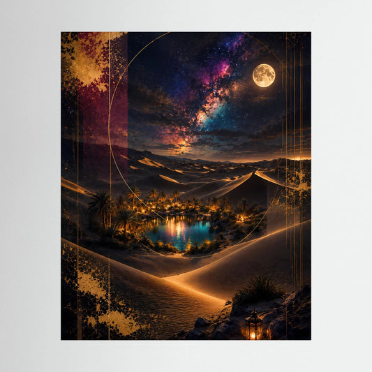 Hochformatposter: nächtliche Wüstenoase unter Vollmond und Sternenhimmel, goldene Dünen