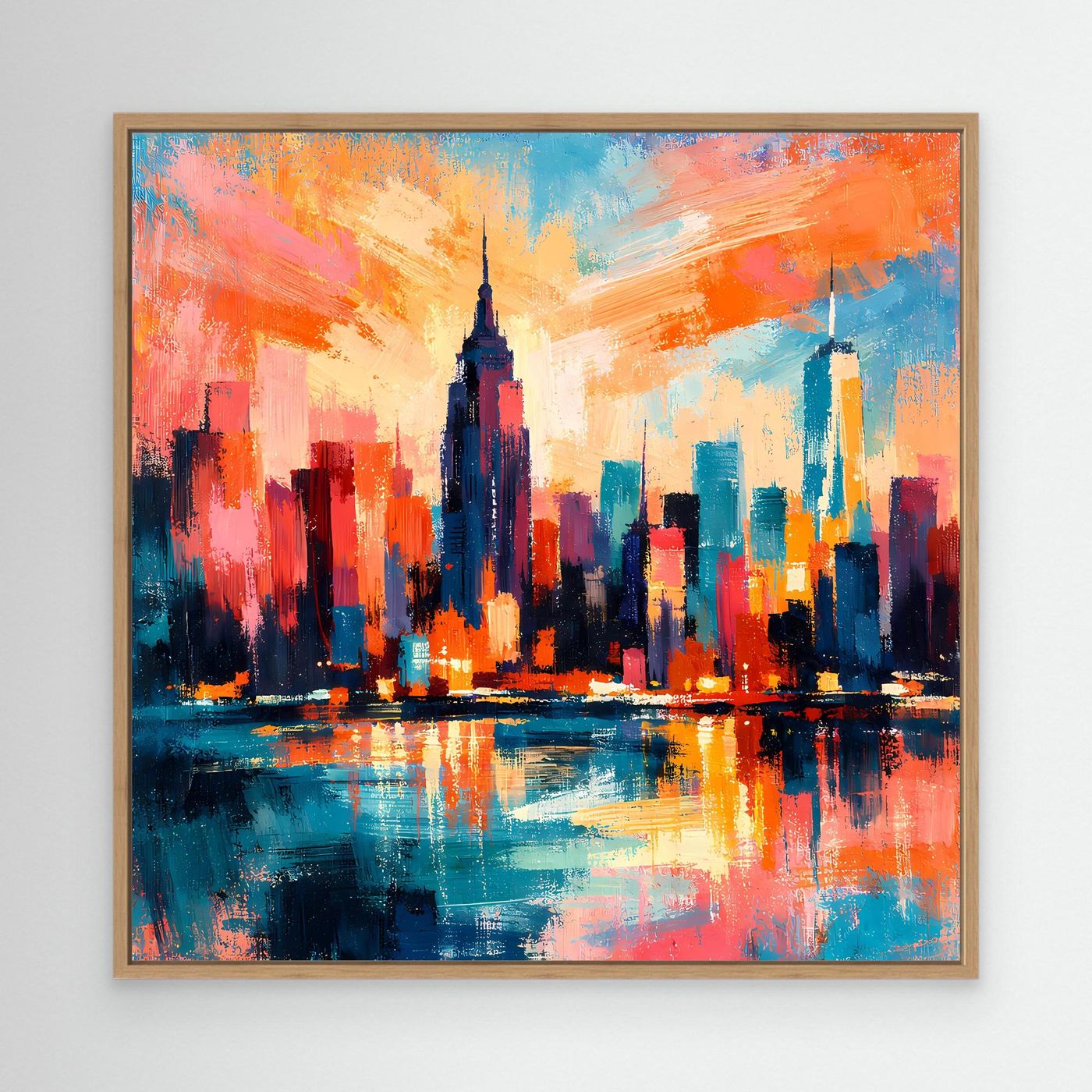 Gerahmtes Leinwandbild Skyline mit Spiegelung, orange und blau, brauner Holzrahmen