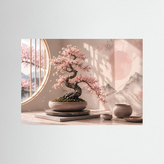 Poster im Querformat mit Bonsai und Kirschblüten in Pastellrosa, ohne Rahmen