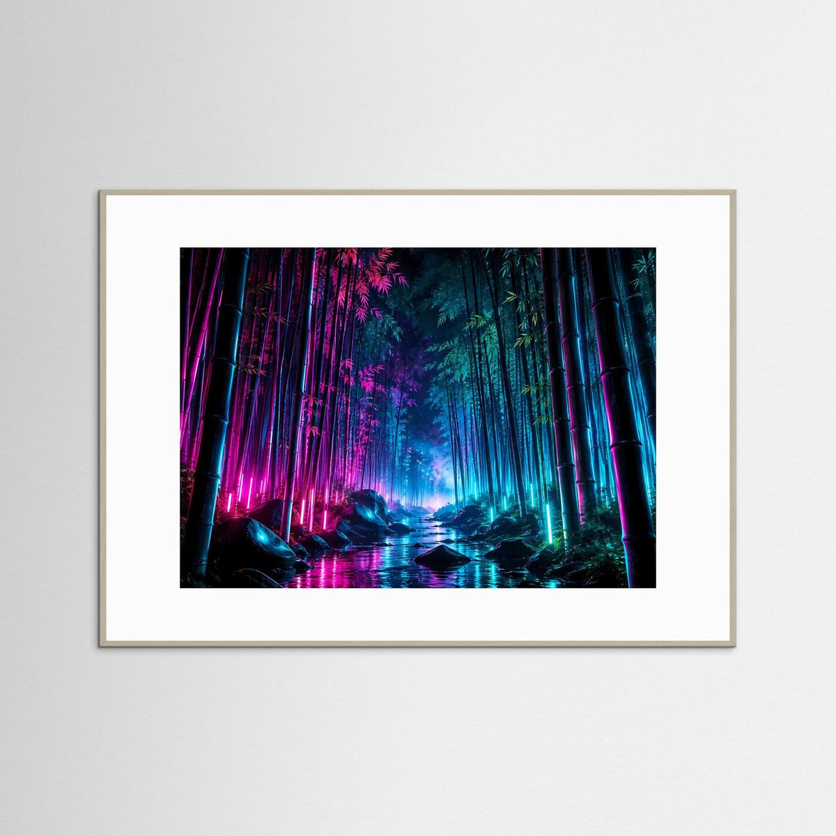 Neon-Bambuswald-Wandkunst mit Cyberpunk-Licht, dunkle Bäume und farbige Leuchtspuren im Poster, mit hellem Rahmen