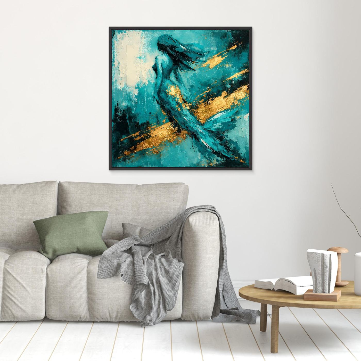 Leinwand Elegante Meerjungfrau in Türkis | Abstraktes Nixen Wandbild Gold Blau