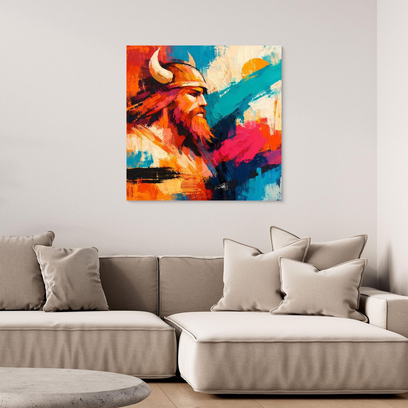Buntes Leinwand-Wandbild mit Wikingerprofil im abstrakten Stil, weißer Rahmen
