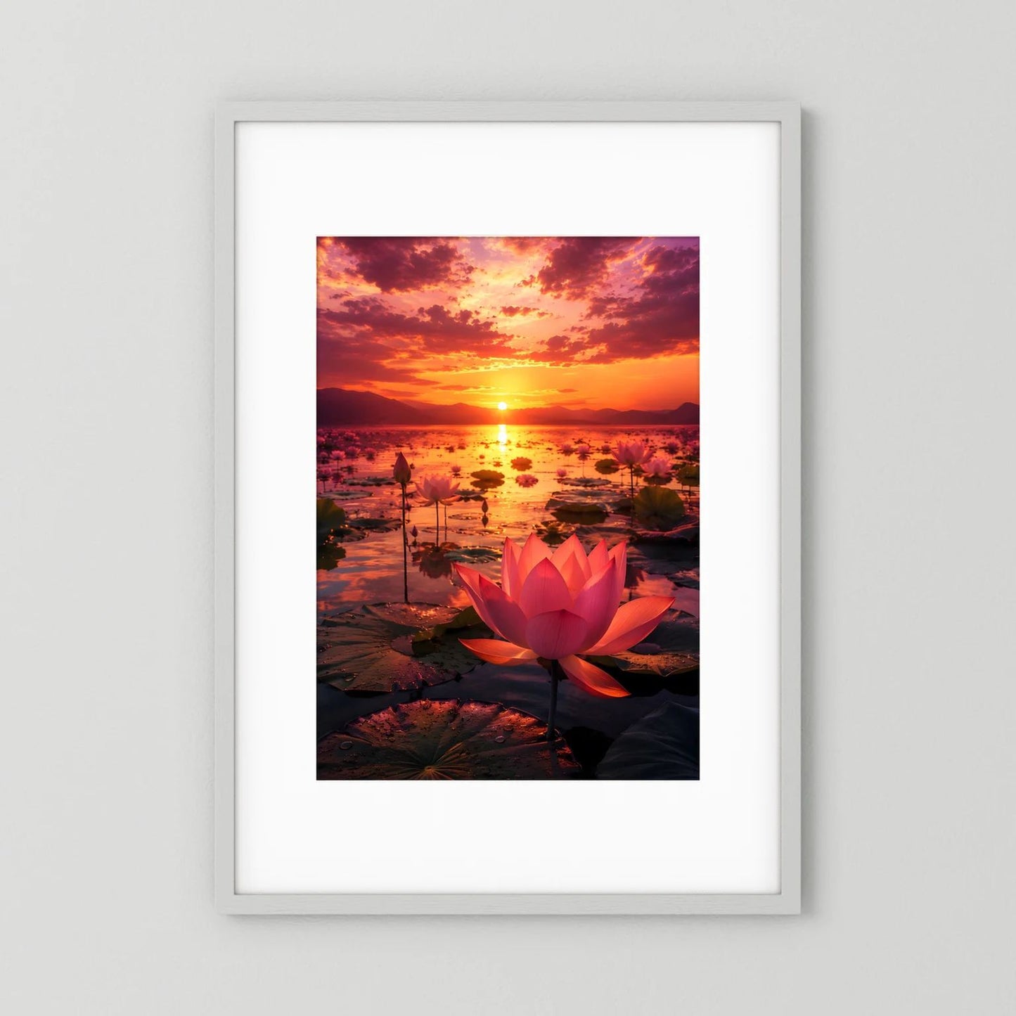 Hochformatiger Posterprint mit rosa Lotusblüte bei Sonnenuntergang, in weißem Bilderrahmen