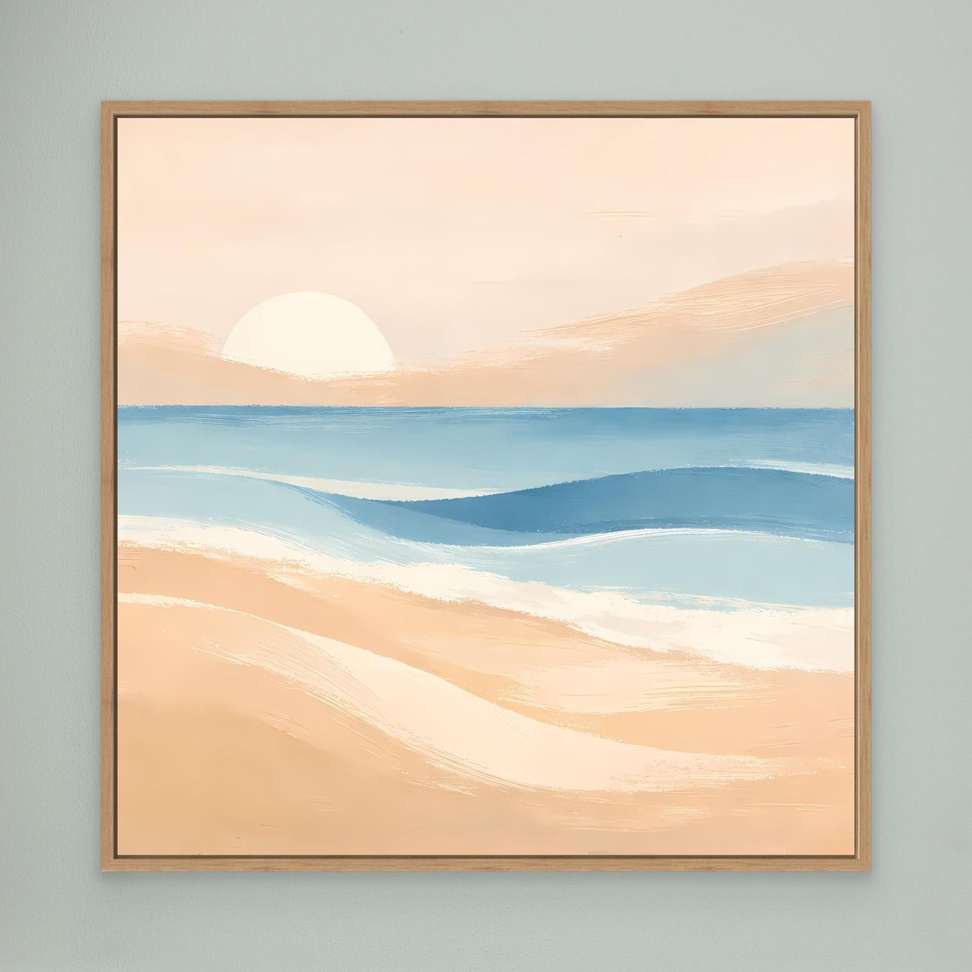 Abstraktes Leinwandbild Strand und Sonnenuntergang mit Eichenholzrahmen