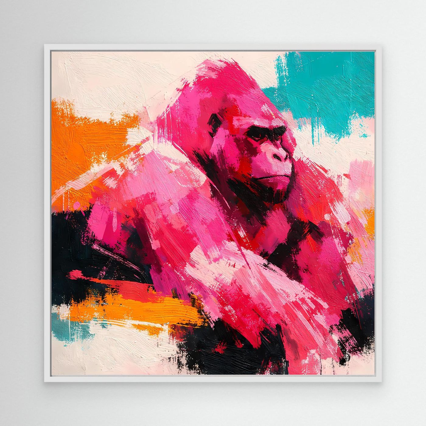 Abstraktes Gorilla-Pop-Art-Leinwandbild im weißen Rahmen mit Pink-, Orange- und Türkisfarben