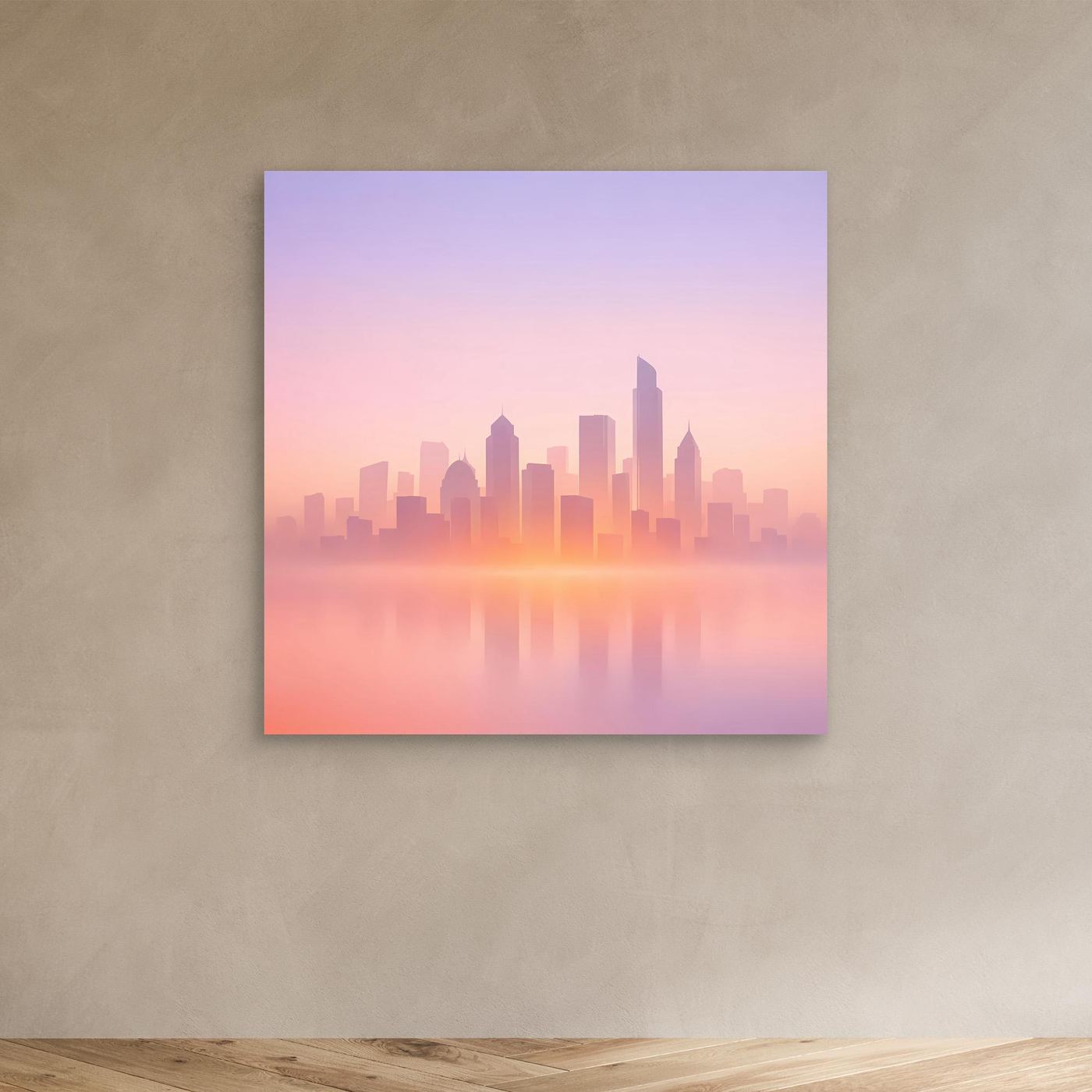 Leinwand-Wandbild Skyline im Pastellrosa, ohne Rahmen, quadratisches Format