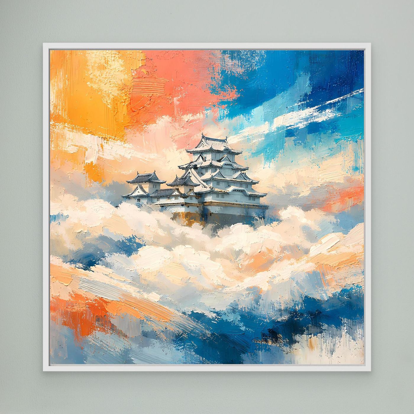 Leinwand Traditionelle Japanische Burg über den Wolken | Fernöstliches Wandbild auf echter Leinwand