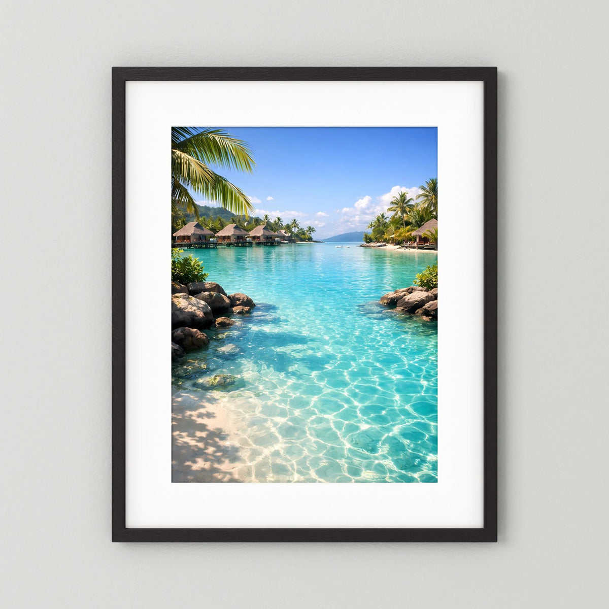 Hochformat-Wandbild mit schwarzem Rahmen und weißem Passepartout, türkisfarbenes Meer