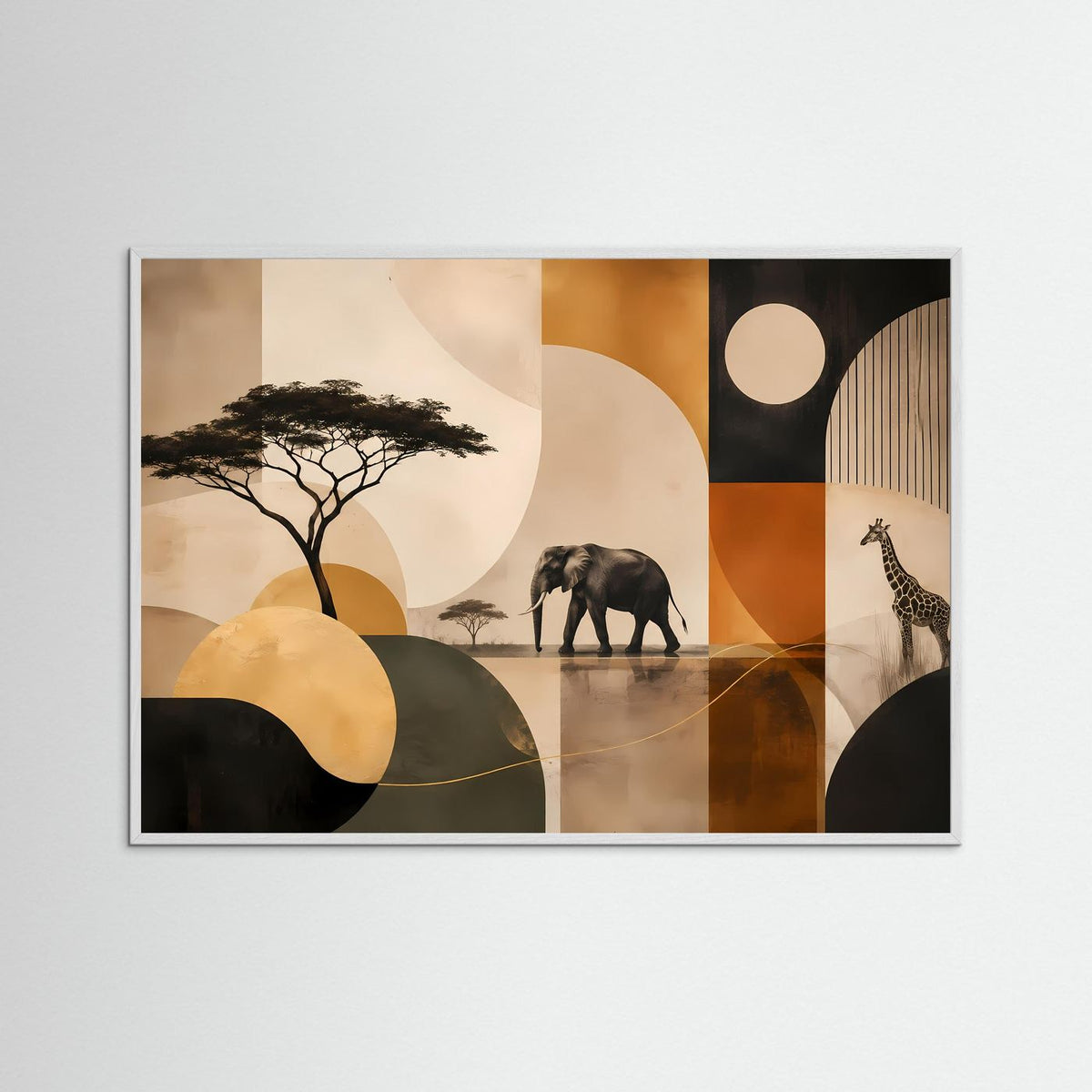 Abstraktes Poster mit Elefant und Giraffe im Querformat, mit weißem Rahmen