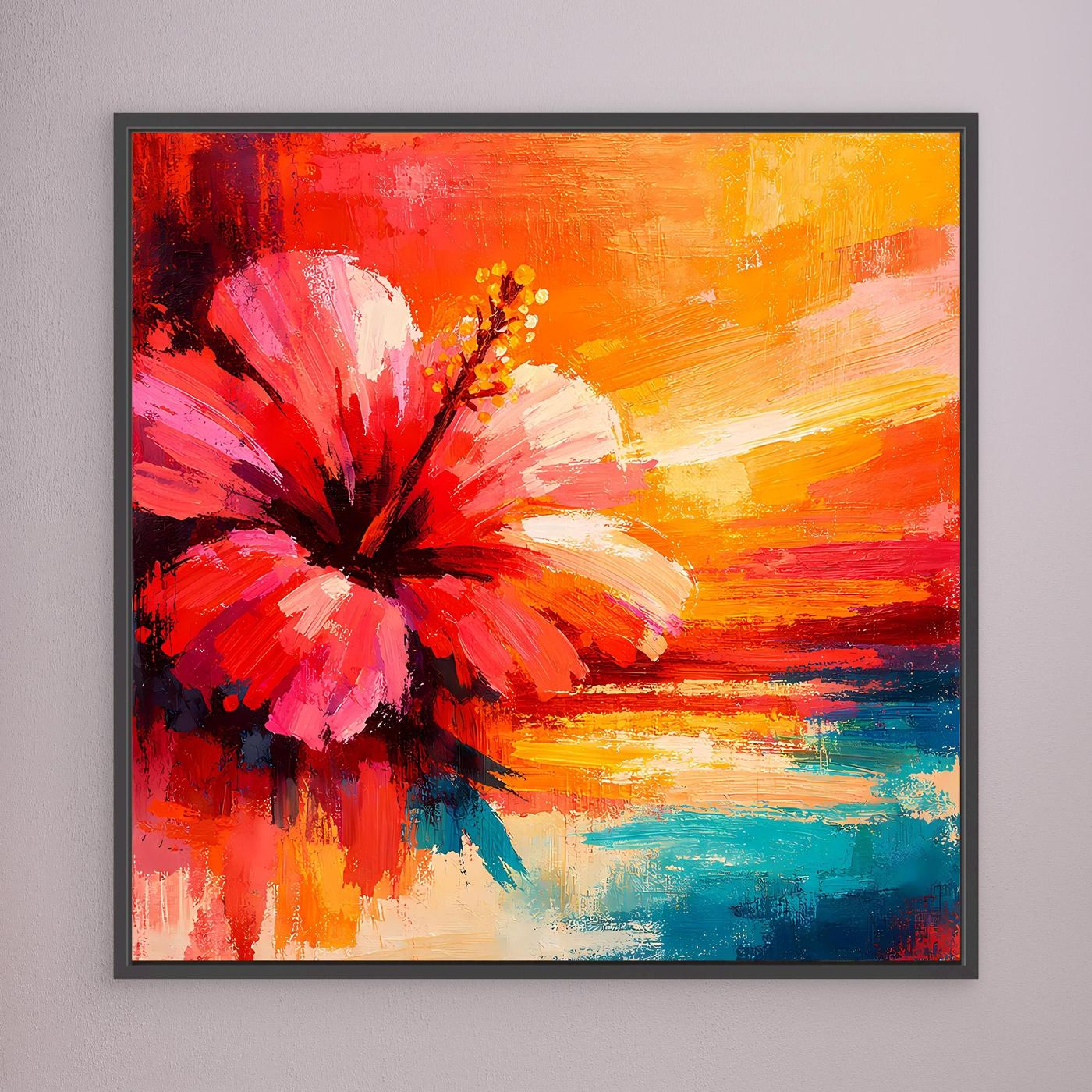 Leinwand Abstraktes Hibiskusblütenbild am Meer | Modernes Küsten Wandbild Bunt