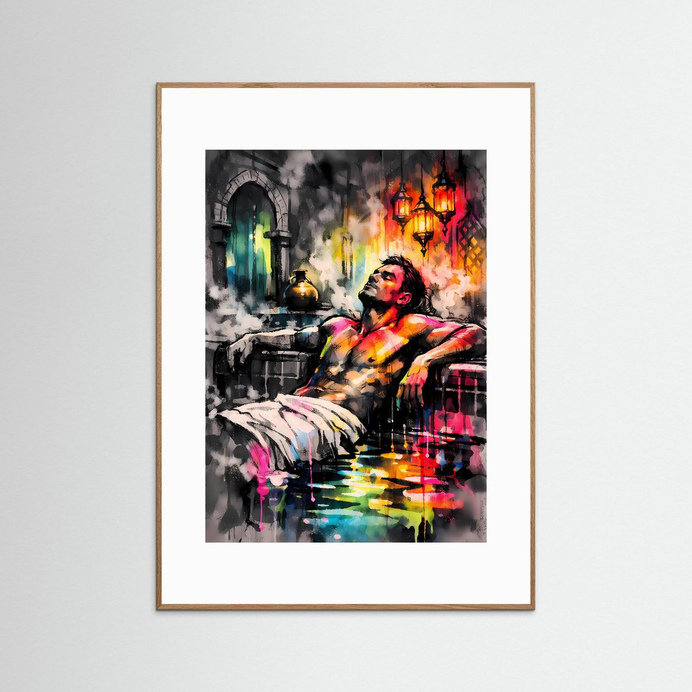 Die Kunst des Orients | Neon Hamam Poster mit orientalischer Silhouette & Regenbogen-Farben | Abstraktes Dampfbad Kunstposter Hochformat