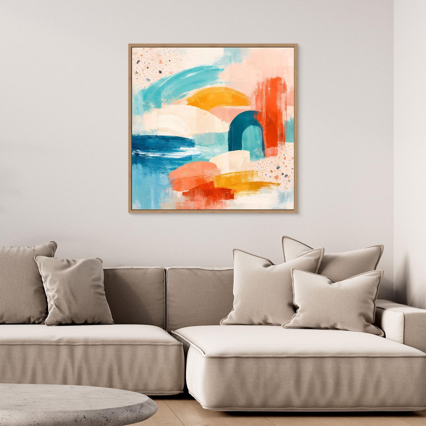 Abstract canvas wall art with pastel geometric shapes, terrazzo texture, oak frame