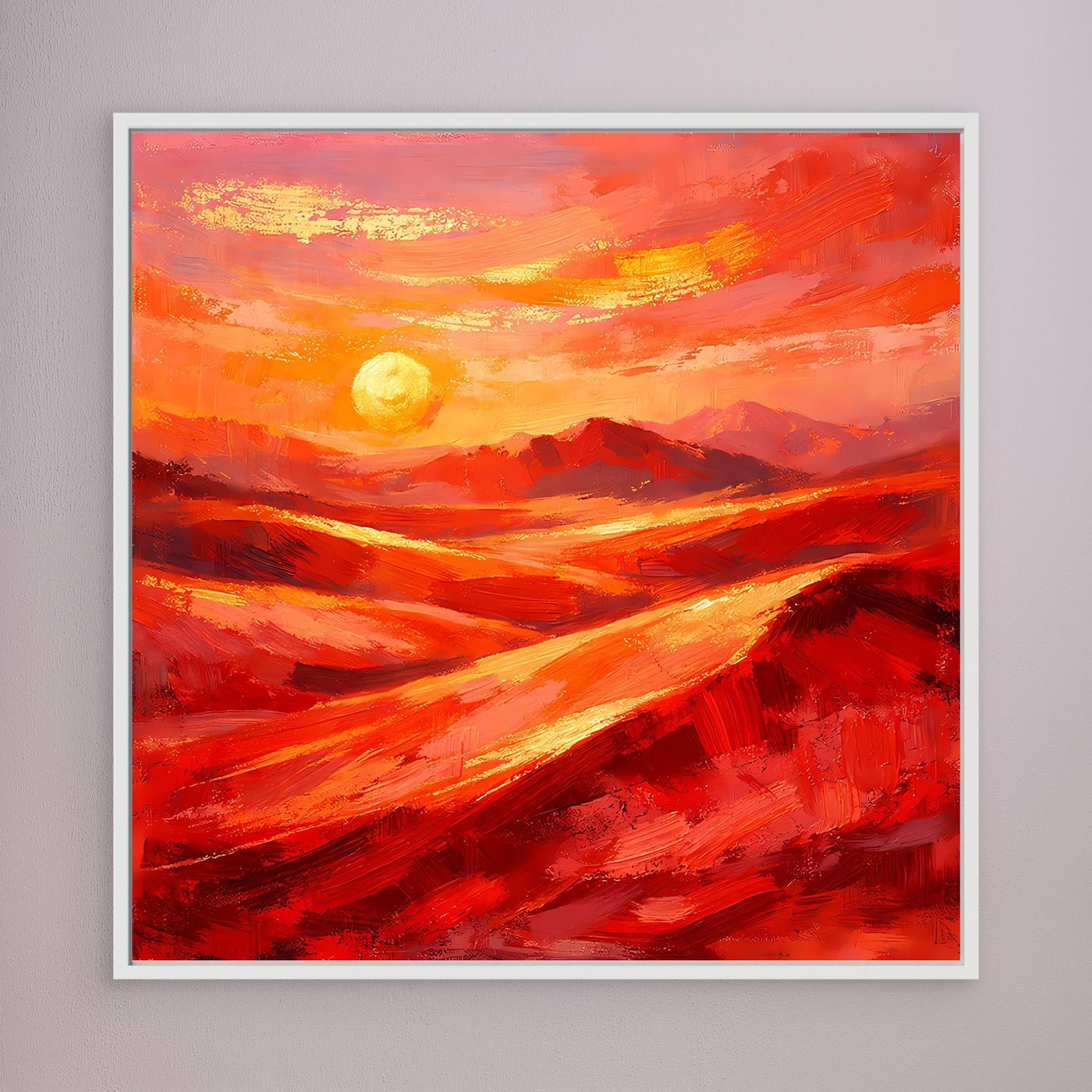 Gerahmtes Leinwandbild mit abstraktem Sonnenaufgang in Rot-Orange, weißer Rahmen