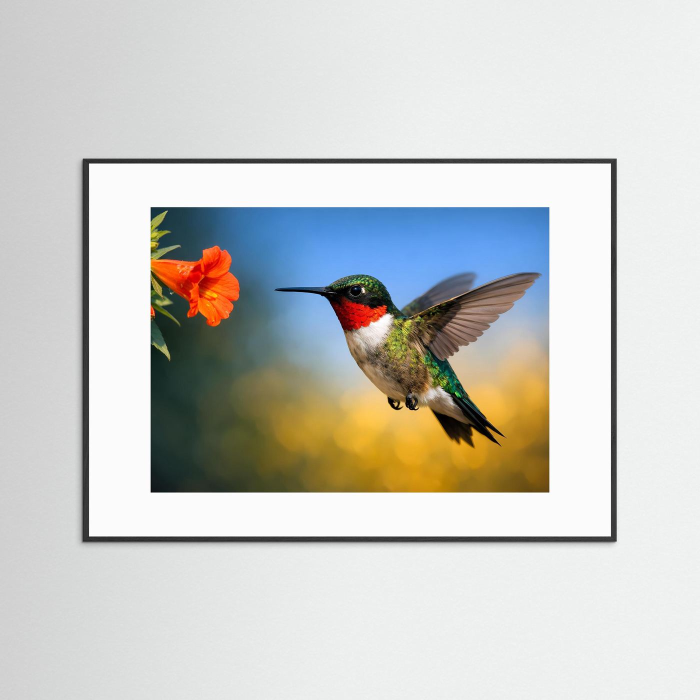Kolibri-Poster mit orangefarbener Blüte, fliegender Vogel im Querformat, schwarzer Bilderrahmen
