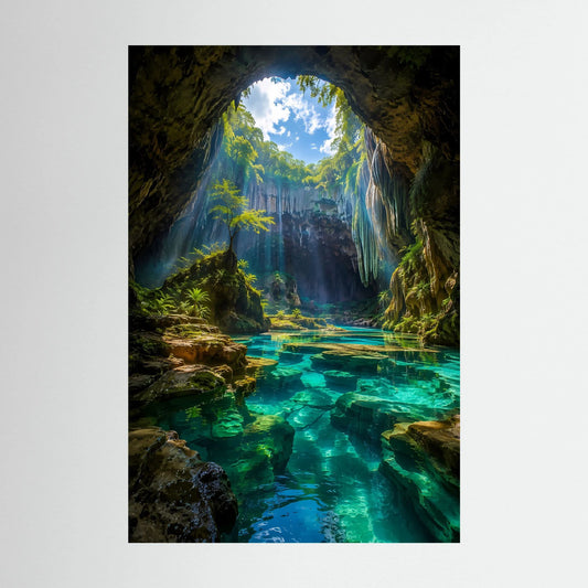 Hochformat-Poster einer dunklen Höhle mit türkisblauem Wasser und Felsbogen