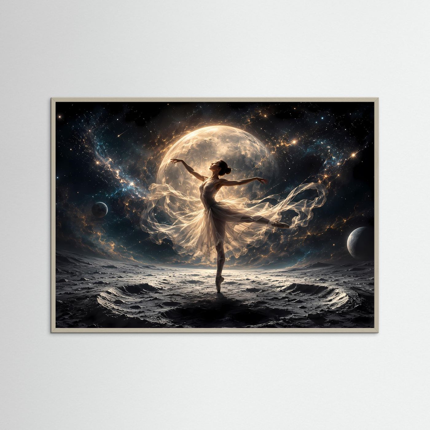 Ballerina Mond Poster | Kosmische Tanzkunst Wandbild | Moderne Fantasy Fine Art | Elegantes Universum Bild | Luxus Leinwand