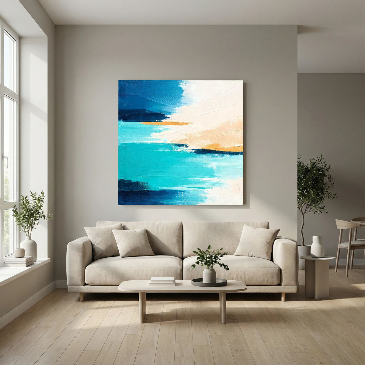 Quadratisches Acryl-Wandbild mit abstraktem Meeresmotiv in Türkis und Beige, weiß gerahmt