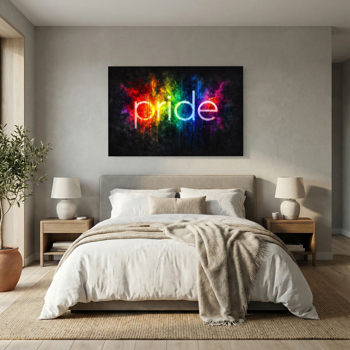 Wandbild „pride“ mit Regenbogen-Spritzgrafik über Bett, schwarzer Rahmen