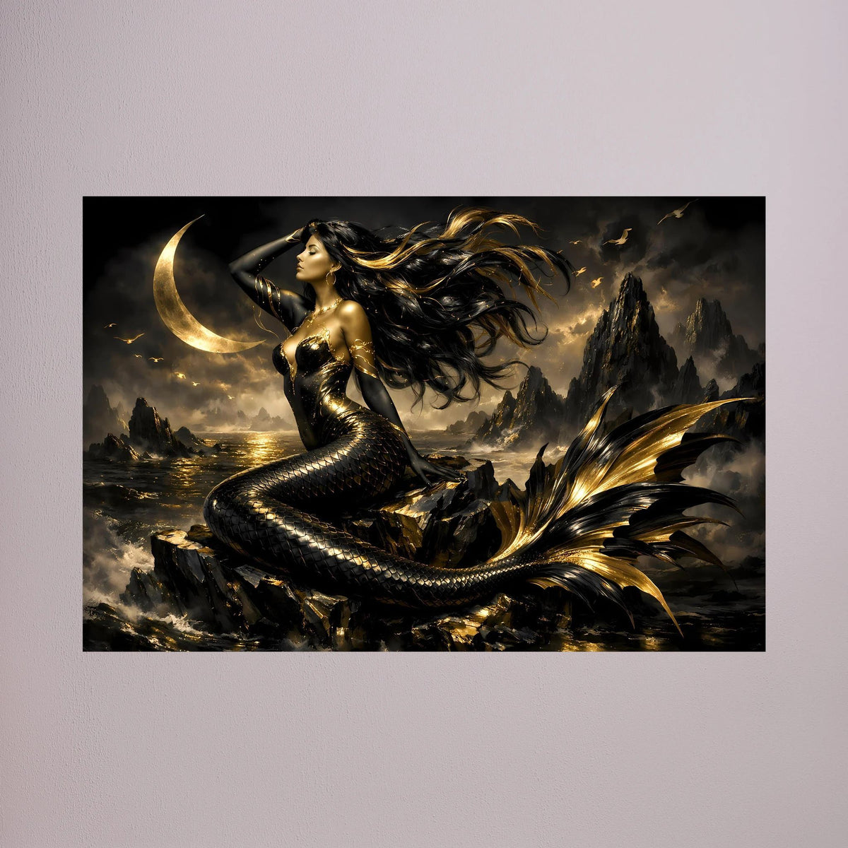 Fantasy-Poster im Querformat: goldene Meerjungfrau mit wehender Mähne und Mond
