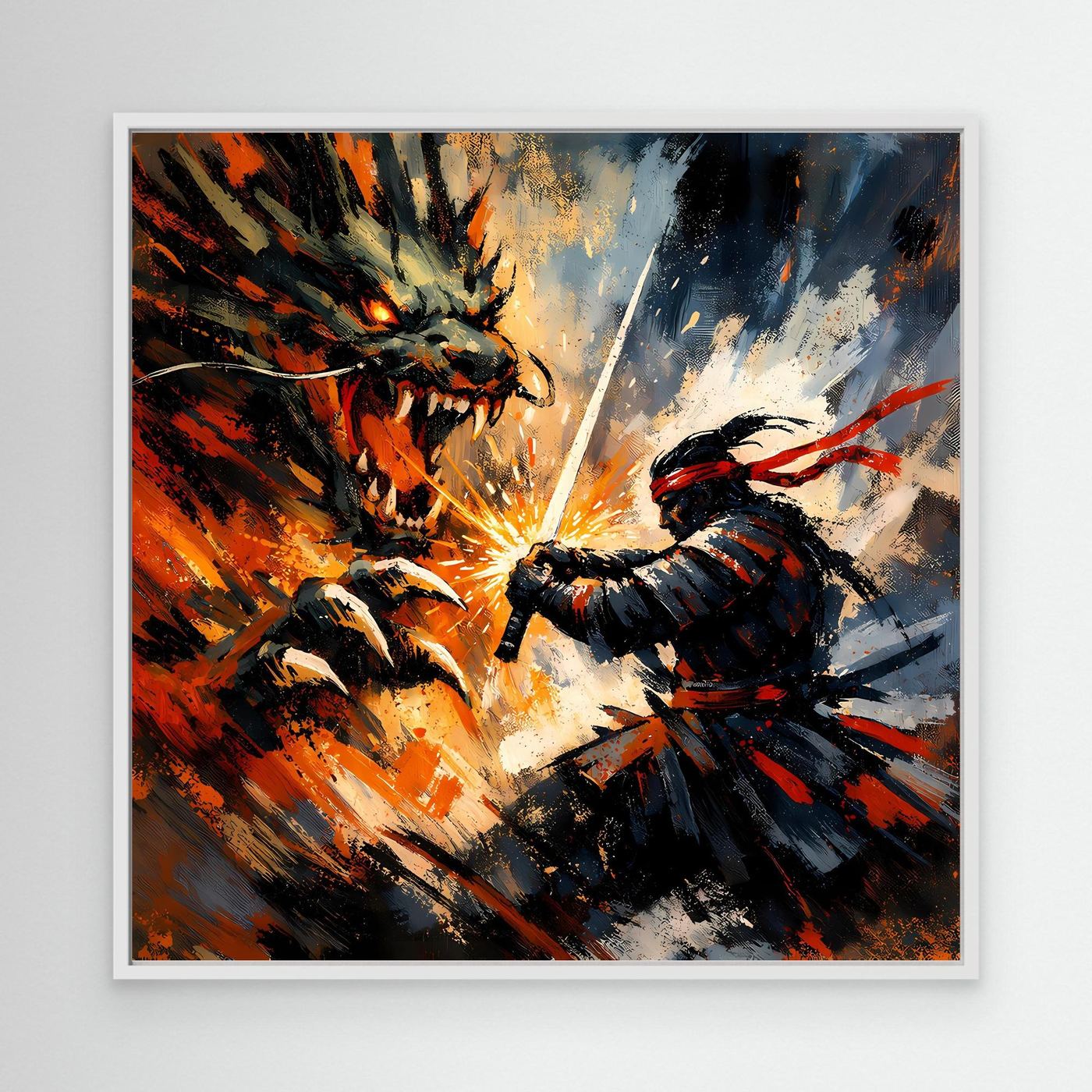 Premium Leinwand Samurai gegen Drache | Abstraktes Fantasy Wandbild Voller Dynamik & Kampfgeist
