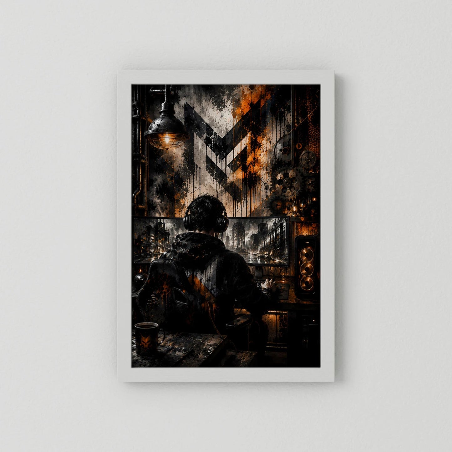 Gamer am PC in Schwarz & Orange | Industrial Gaming Art | Poster Hochformat