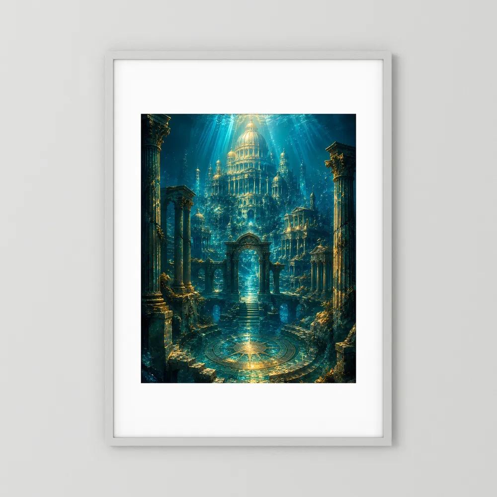 Unterwasser-Tempelposter im weißen Rahmen mit Passepartout und goldener Kuppel