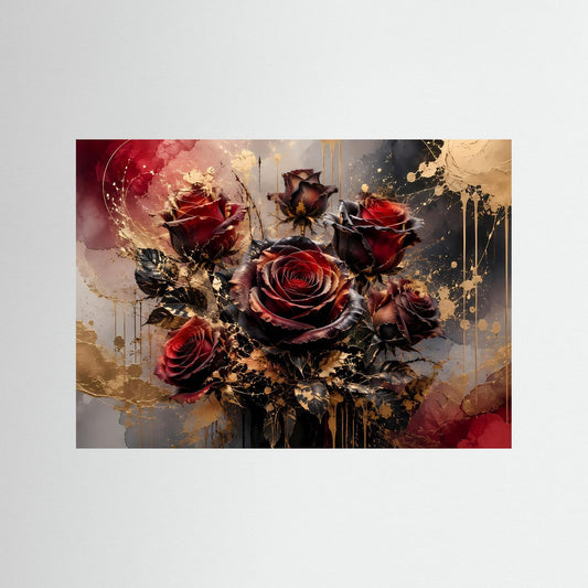 Rosen-Poster mit dunklen roten Rosen und Goldakzenten, ohne Rahmen