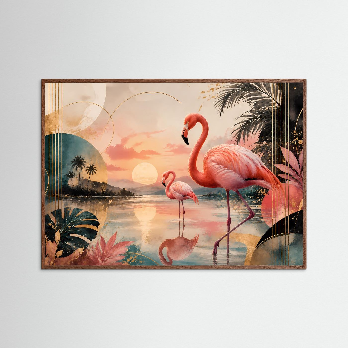 Elegante Flamingos in tropischer Lagune bei Sonnenuntergang | Exotische Flamingo Wandkunst in Rosa, Petrol, Gold & Creme | Modernes Tier Poster im Querformat mit Palmen und abstrakten Formen
