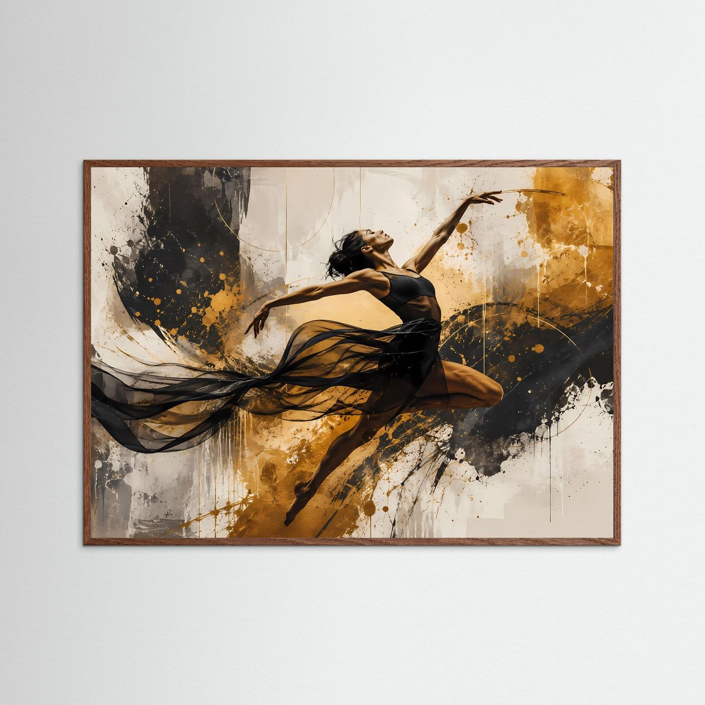 Dynamische Tänzerin in Schwarz, Weiß & Gold | Abstraktes Kunstposter im Querformat | Modernes Wandbild