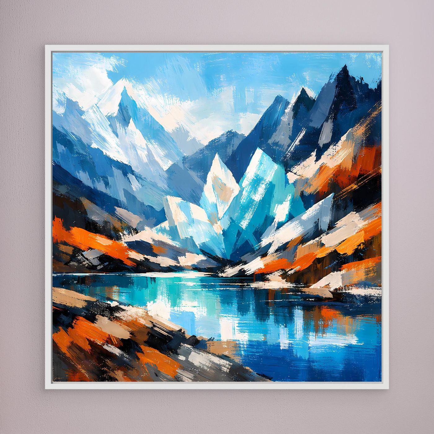 Abstraktes Leinwand-Wandbild mit Berglandschaft und reflektierendem See, türkis/blau, weiß gerahmt