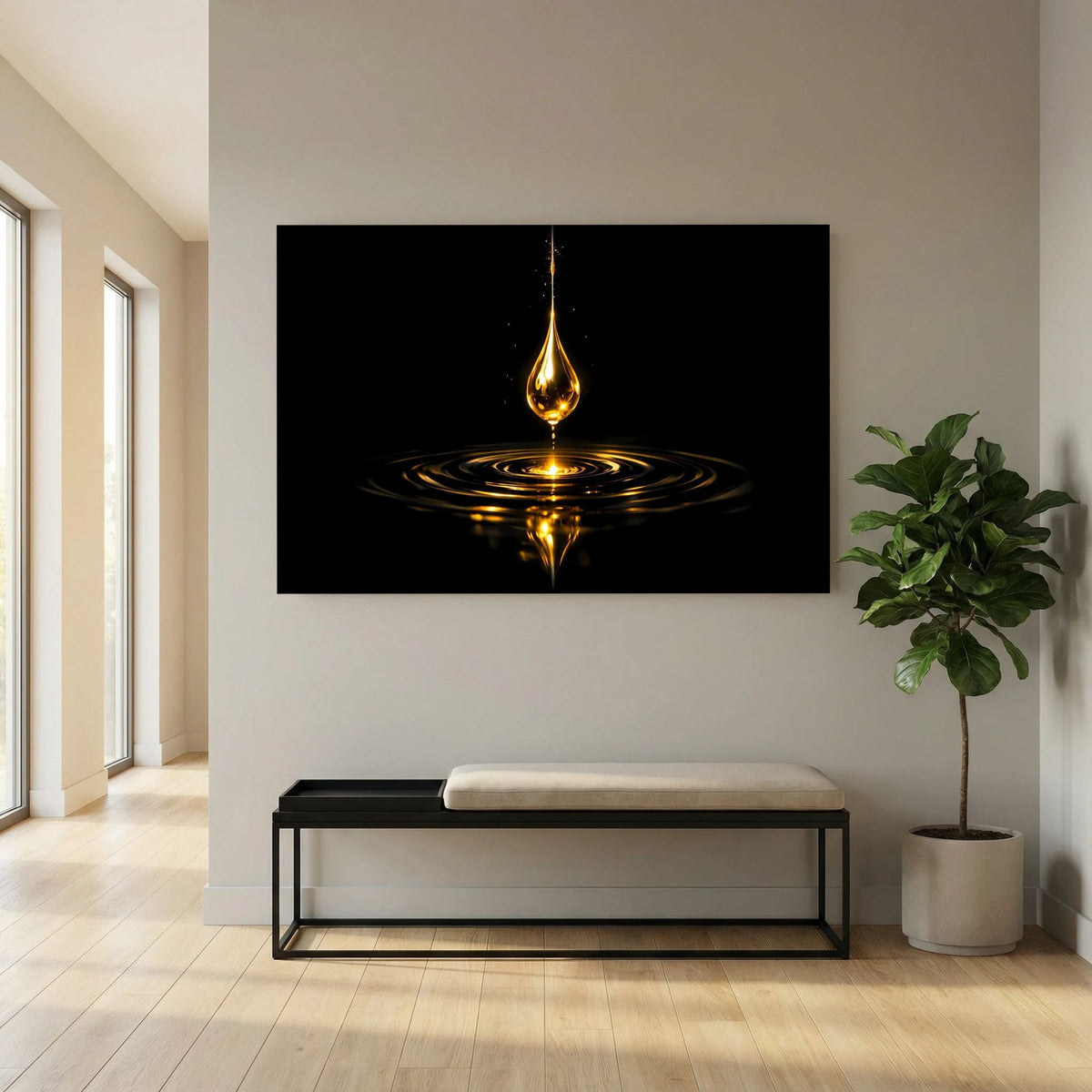 Querformat-Poster mit goldenem Wassertropfen und Spiegelung auf dunklem Hintergrund